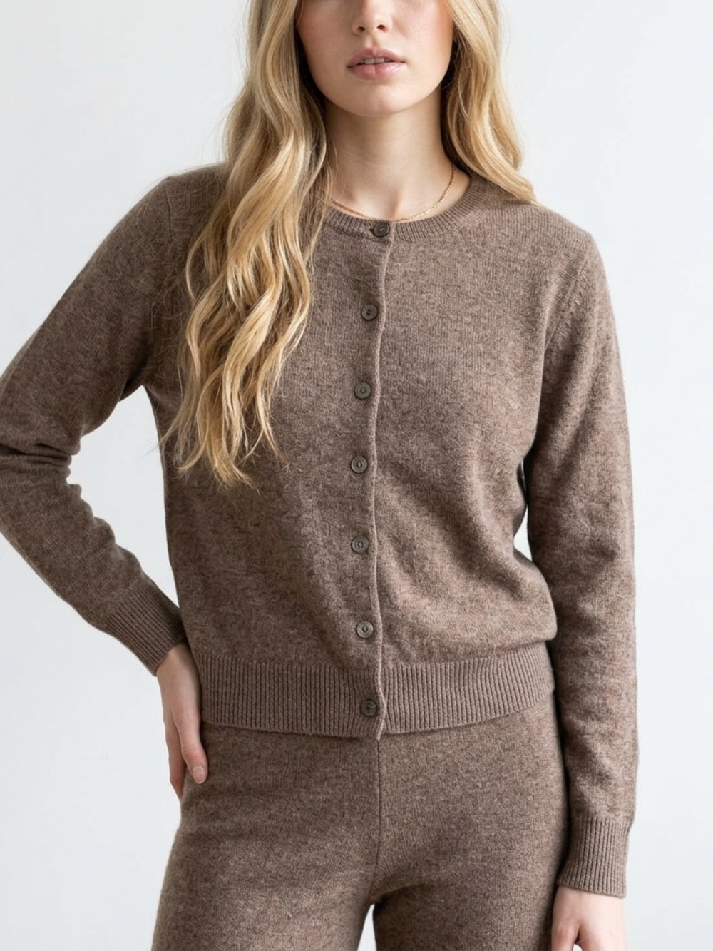 Demylee 100% Cashmere Crewneck Cardigan Sweater neutral Heather Brown